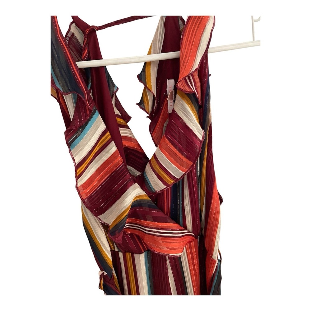 Luxxel Striped Ruffle V-Neck Maxi Dress Multi-Color Metallic Detail‎ Small - Picture 2 of 6